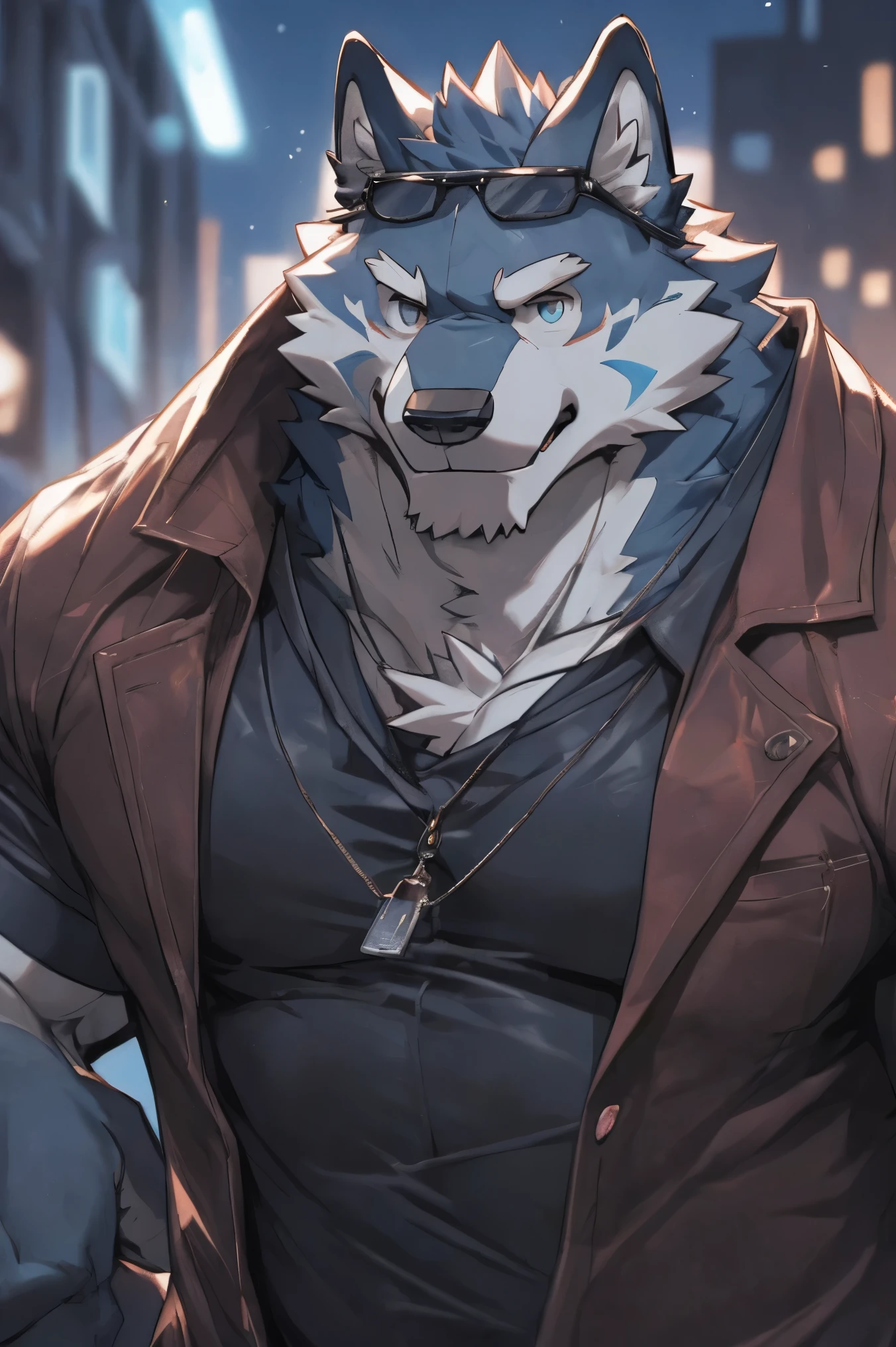anthro wolf, ((wolf)) 4k, high resolution, best quality, posted on e621, solo, anthro body, male, adult, masculine, correct anatomy, (icon), (blurry background, out-of-focus background:1.2), (by takemoto arashi:1.0), (by wfa:1), (by Taran Fiddler:0.5), an agent, (cel shaded, cartoony shading:1.2), ultra detailed face, high details, good eyes, balanced eyes, anime eyes, right eye is similar to the left eye, black lineart, black outline, flat coloring, (strong shadows, dark shadows:1.2), wearing black sun glasses ((cold color)), holding a pistol, cyber city at night, (fullbody), center, first person perspective.