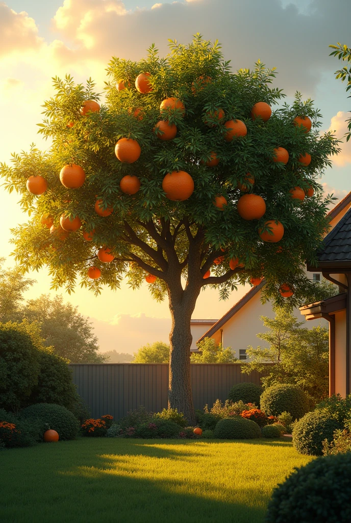 Orange tree in the backyard at dusk