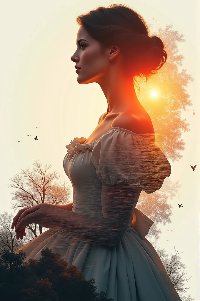 high quality, 8K Ultra HD, beautiful double exposure, in which the silhouette of a beautiful Russian girl of the 18th century is combined with the sunset coast, the sunset coast should serve as the main background, the details of which are combined into a girl, clear lines, monochrome background, clear focus, double exposure, from yukisakura, stunning full-color,