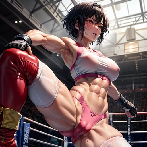 a japanese female fighter is beated down in the octagon fighting ring of underground arena with audience. she is glaring at the opponent. She has the will to fight. A bloodied and bruised female fighter is trying to stand from down. She has a lot of punches from the male fighter. she has big pain. she is damaged terribry. Short-cut black hair, out of breath, drooling from mouth, exhausted, drenched in sweat. Erect nipples, open finger glove, Whittled waistline, muscular, six-pack abs, Ragged white and pink lined sports bra, high leg panty, Stockings. armwarmers.
