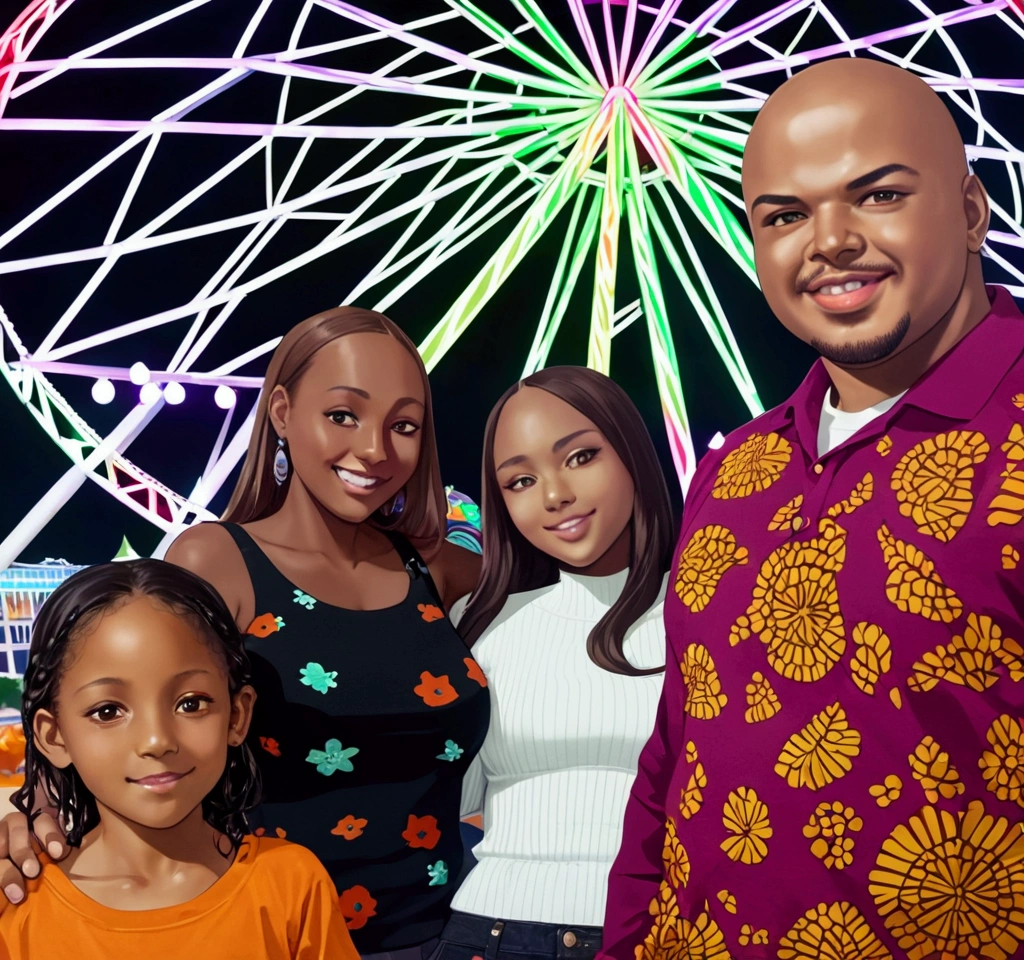 all 4 dark-skinned and with brown eyes, and a ferris wheel in the background
