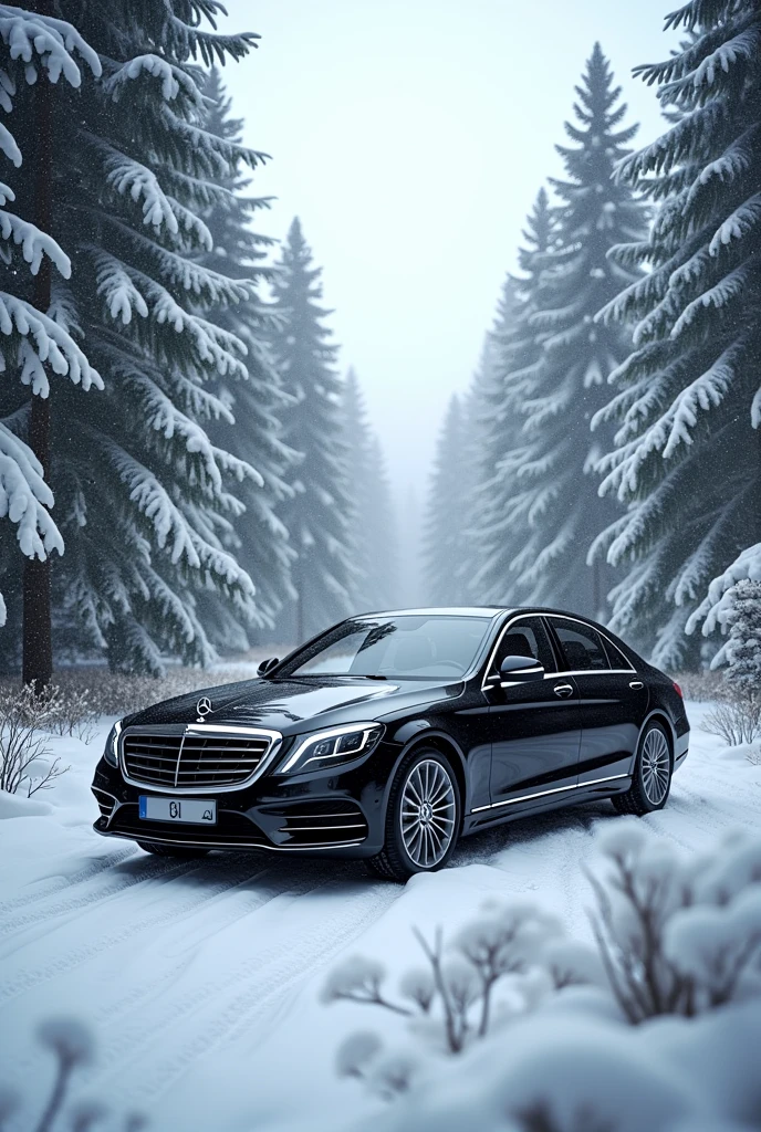 benz with trees and snow white