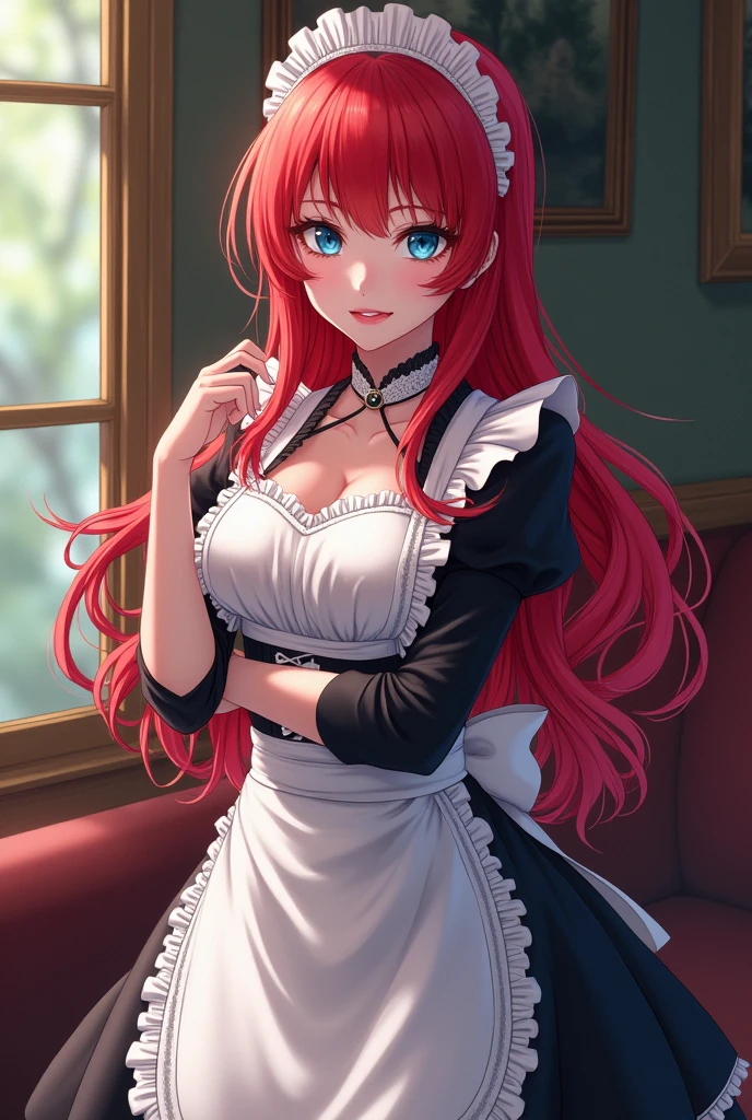 anime girl, beautiful, sexy, maid, red hairs, blue eyes