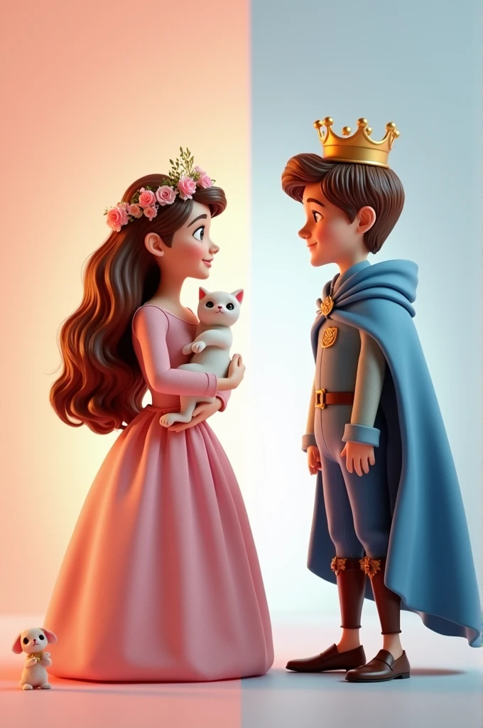 A 3D render of two illustrated characters. The first is a cute elegant princess called Zoe, with long wavy brown hair, wearing a pink dress and a crown adorned with flowers. She is holding a small white cat close to her chest. The background is a soft peach color. The second character is a cute elegant prince with short brown hair, called FELIX, wearing a blue cloak and a golden crown. He is holding a small white puppy. The background for him is a light blue shade.