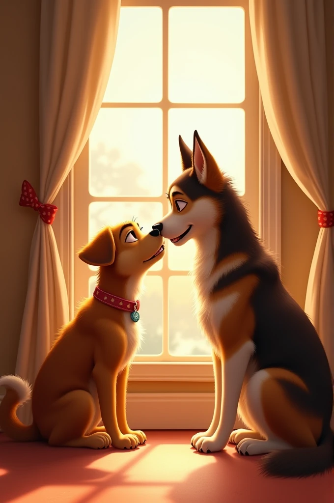 Max gently nudging Bella with his nose, trying to help her through the window. Bella looks grateful and determined as Max assists."