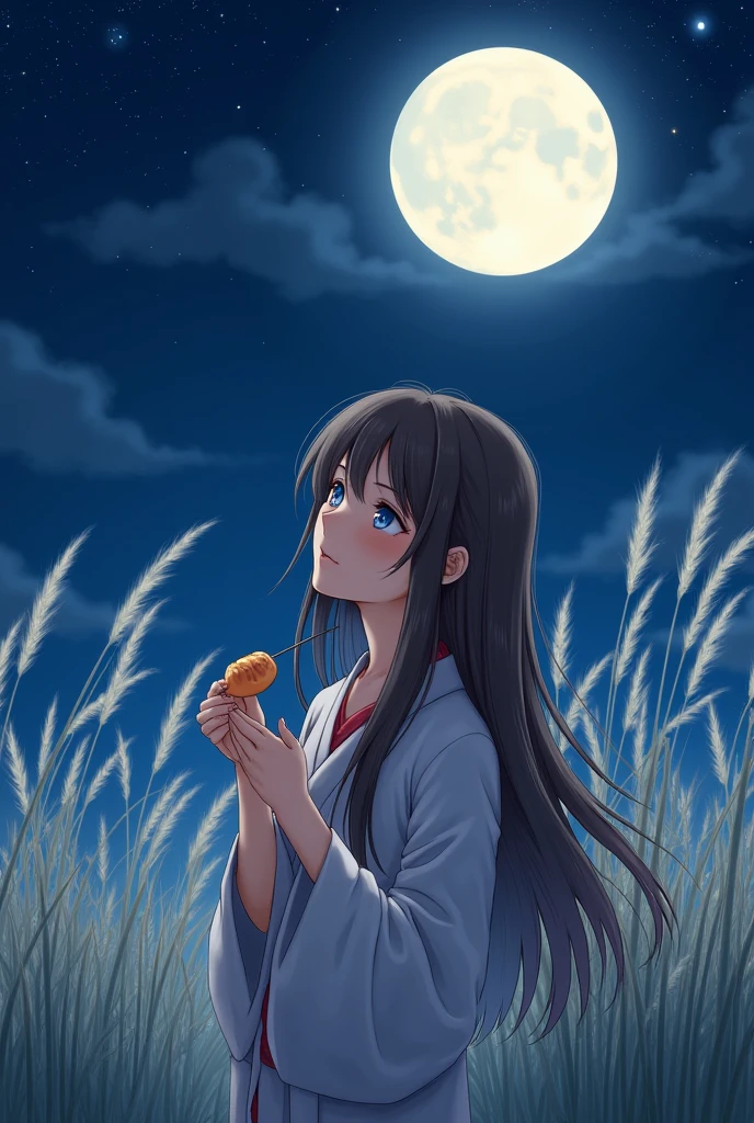 landscape, (Tsukimi), Tricolor dumplings, , Brown Hair, blue eyes, Japanese silver grass, night, full moon, Accurate needle, Accurate Eyes, high quality