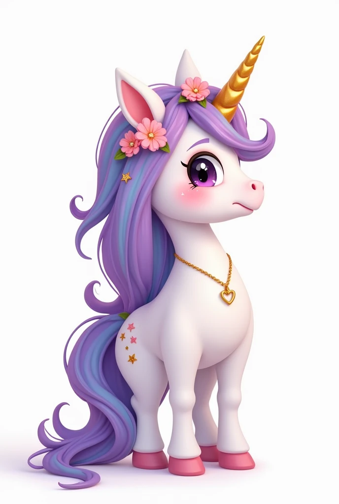 a white unicorn standing looking sideways, cute disney pixar style, cute face, the unicorn is on its side and standing looking sideways forward , showing all unicorn, loose, voluminous, flowing curly hair in lilac colors, Pink, yellow, Unripe, cerulean, rot, Unripe, hair and mane with all the colors of the rainbow, with a strong lilac predominating, em volta do cabelo pequenas flores Pinks forte com folhas Unripes e também estrelas, Dedicated gold cord with delicate LE-shaped pendant around the neck, olhos Unripes e o unicornio cintila com alguns brilhos, Feema unicorn white background, flowing hair, very voluminous, gold tiara on delicate head white background and unicorn stands out from the background, the unicorn has sparkling sparkles in its hair, the unicorn&#39;s face is fuller, little god, strong lilac hair with blue bangs, Pink, Yellow, Unripe o fundo opaco png