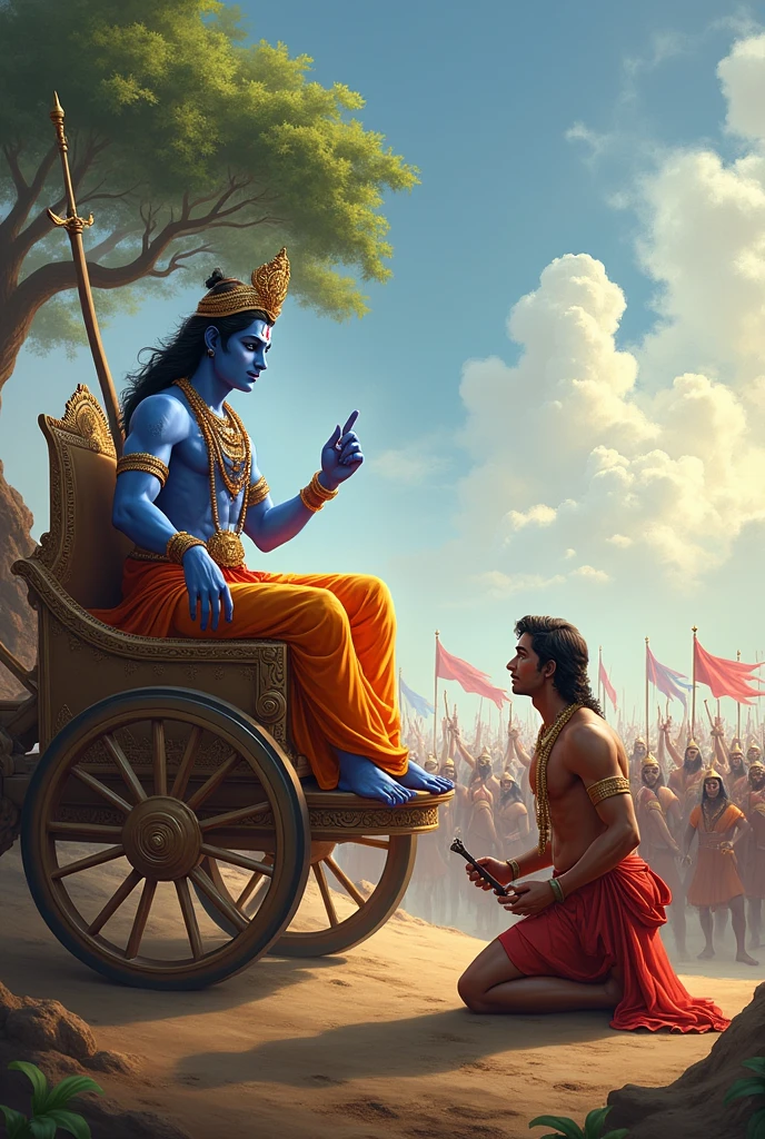 Shree Krishna sitting on the chariot and arjua pray
