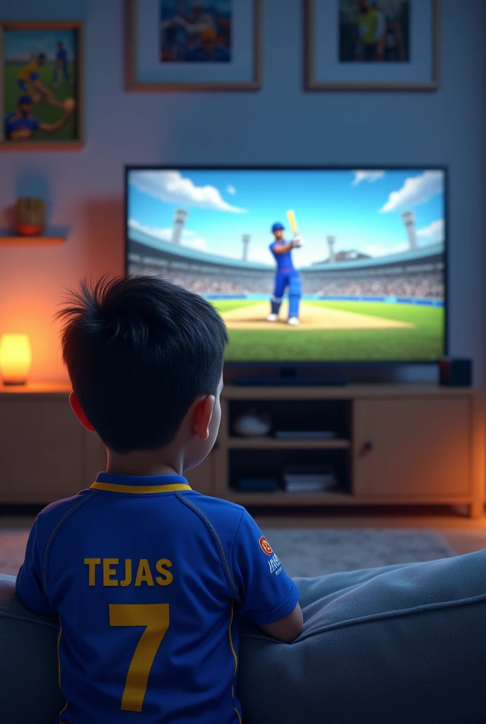 Generate an image in which a boy wearing csk jersey watching MS DHONI batting in TV. In the jersey name TEJAS will be written . Jersey number will be 7