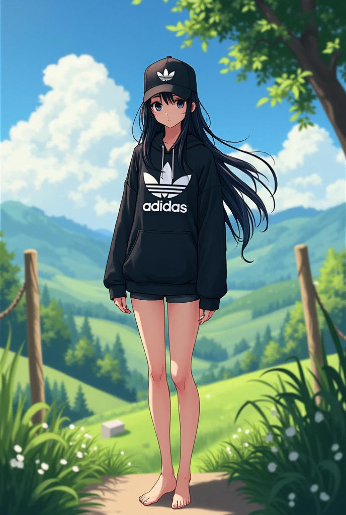 sexy tall anime girl, long black hair, black eyes, barefoot, wear black adidas cap, wear black adidas hood, wear black adidas hot pants, background is countryside