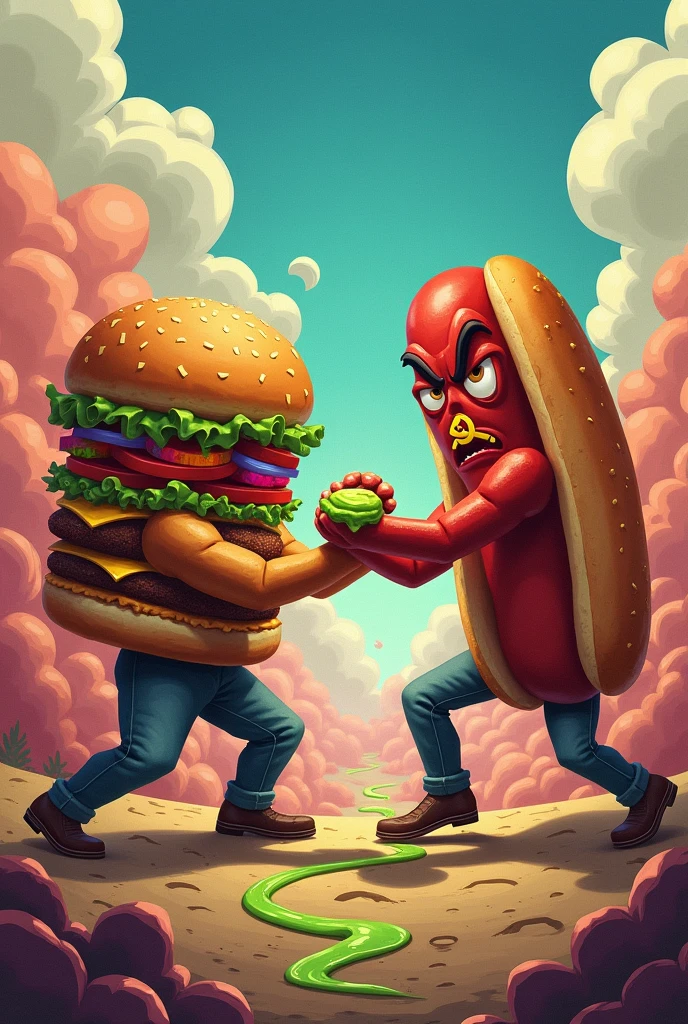 Transgender Hamburger fighting against communist hot dog with guacamole