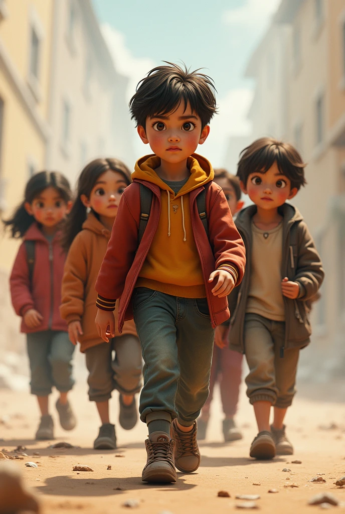 child facing children , walking before them with their heads held high