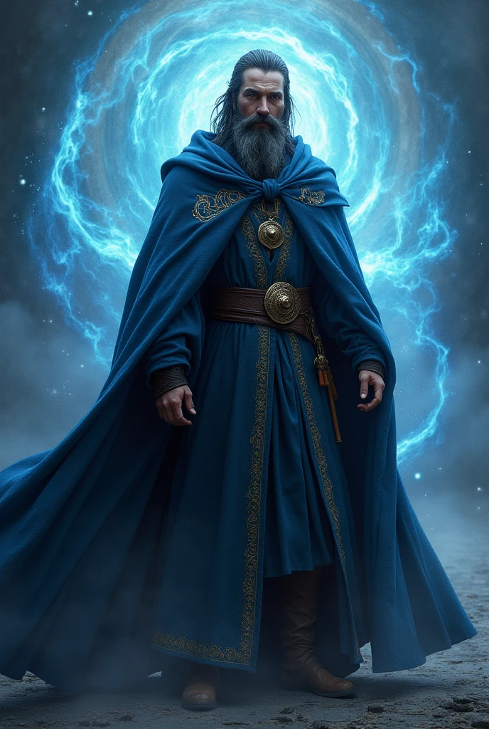 Create a young medieval wizard with a black beard and wearing a dark blue wizard outfit