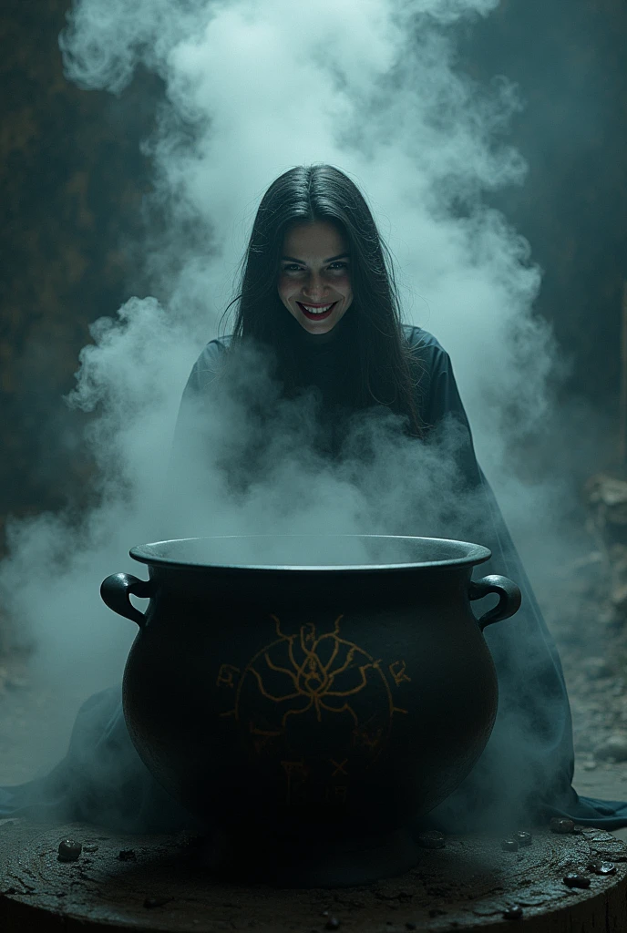 A female witch sitting in front of a big black cauldron, steam and smoke around her, she is smiling, evil smile