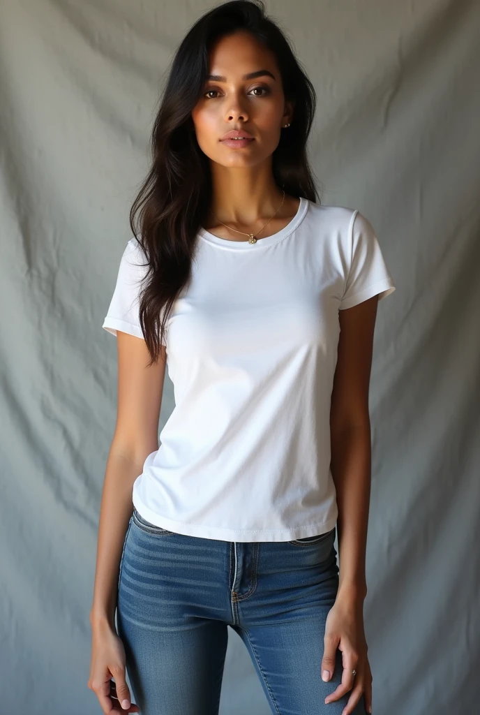 beautiful latin woman,  standing straight facing forward,with white t-shirt, denim jeans pants, on a greyish background, cotton t-shirt texture, fitted t-shirt, round neck, striped tights. Medium camera shot.