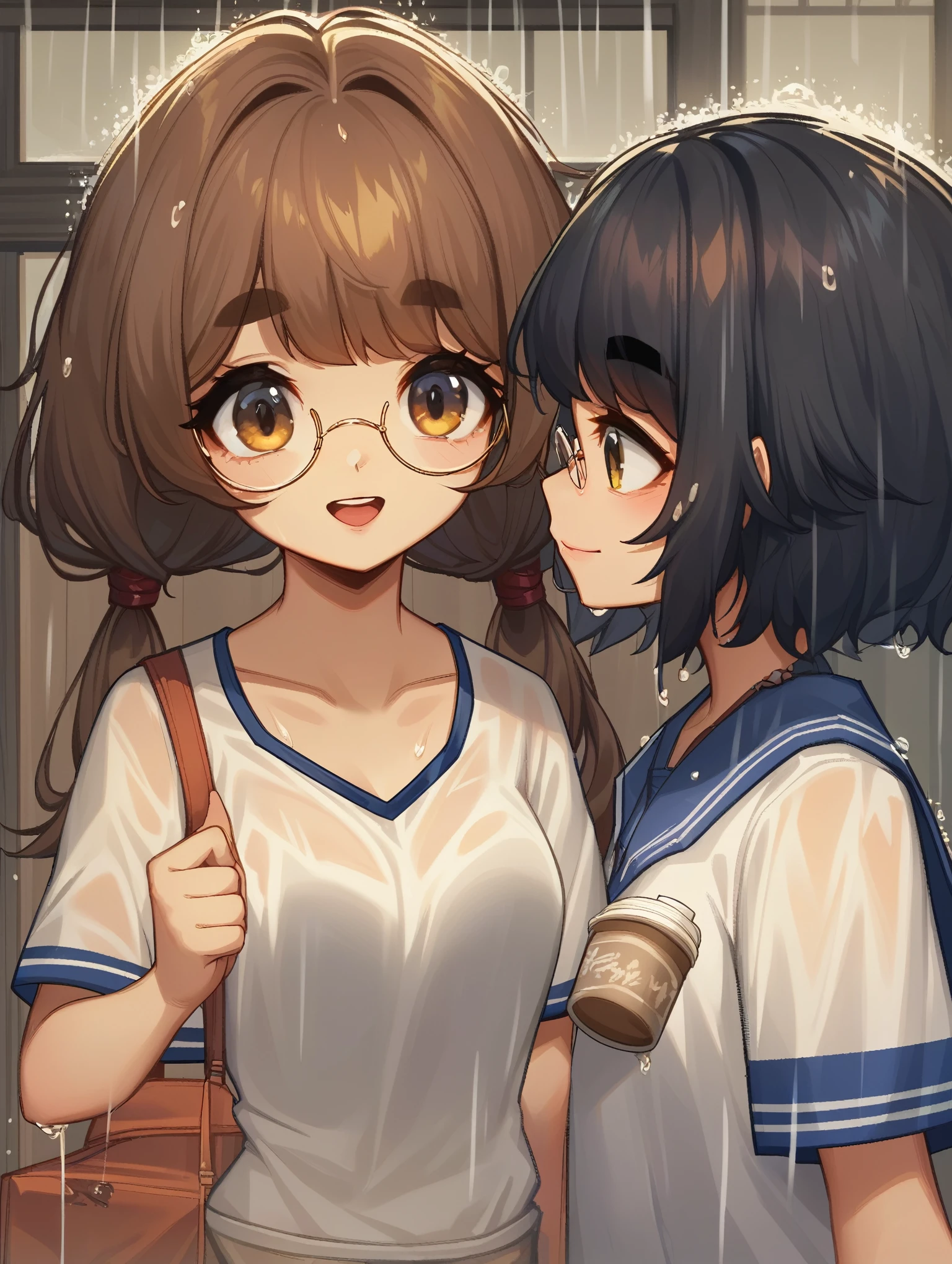 Create a highly detailed and refined pixel art scene inspired by bishoujo (beautiful girl) games. The scene features two characters, Xuanxuan and Xiaohong, meeting outside in the pouring rain.
• Xuanxuan: A young woman around 20 years old, with light brown curly twin tails, large round glasses, and a sweater. She is standing completely soaked in the rain, looking towards Xiaohong with joy, as if experiencing an unexpected, happy encounter.
• Xiaohong: A cute girl with a shoulder-length bob haircut, black hair, slightly coffee-colored skin, thick eyebrows, and a visible snaggletooth. She is shorter than Xuanxuan and dressed in her basic outfit—a 3XL-sized plain T-shirt that reaches down to her knees, slightly transparent due to the rain, covering her shorts. Xiaohong is waving at Xuanxuan with a cute, slightly melancholic expression.
The background is the entrance to NOLINE Diner, a small, old-fashioned eatery with a black sliding door that is partially open. The rain-soaked scene should capture the moment of their unexpected encounter, with wet hair and clothes clinging to their bodies, creating a warm and touching atmosphere.