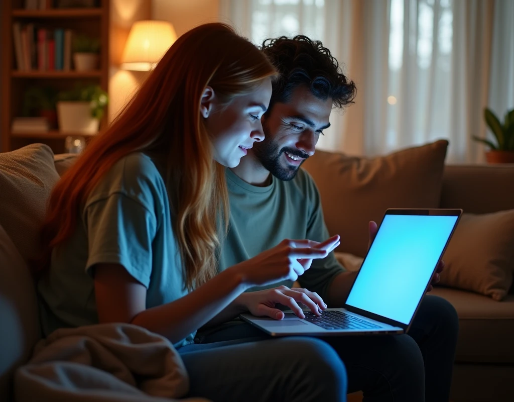 A 45-degree back view of a woman and a man playing on a laptop, having fun. The focus is clearly on the laptop screen. The blue-gold tone reflects on the faces of both people. The atmosphere in the living room. Real shot. Long shot. High-resolution shot.