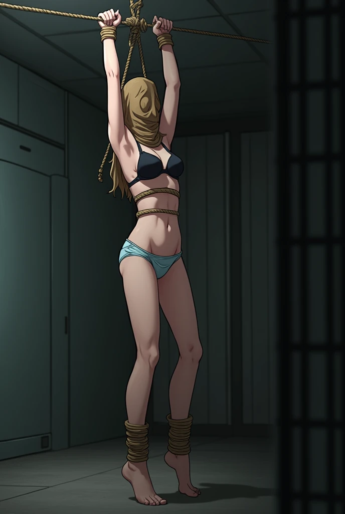 sekijou sawako, , bondage, brown sack covering whole head and face, arms up, stripped, best quality, ultra-detailed, high resolution, extremely detailed cg, unity 8k wallpaper, masterpiece, perfect skinny body, anime picture, femsub, BDSM, light blanty, black bra, breasts, at night, stanark room, Seou Sawako, gym storeroom, tied up tight wrist together abov tied up tight ankle, ropes, suspension rm ceiling, standing nearby wall, bracing,