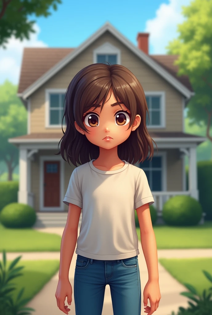 A girl with medium to long hair, Bullish, twelve years old, in front of your house 