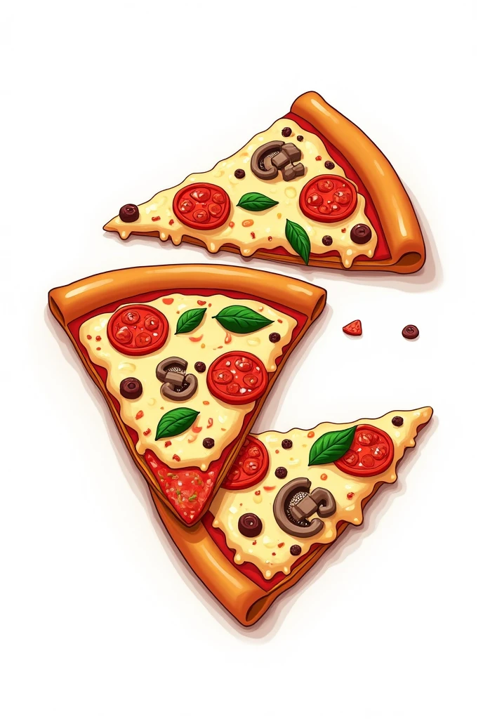 Illustrated drawing of three slices of pizza on a white background,