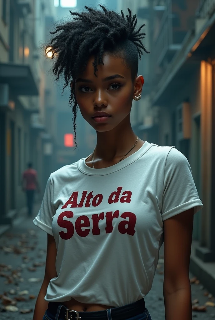 dc comics style 20 year old black woman mysterious expression with styled hair and undercut with black eyes kind of dyke is also very sporty, excellent swimmer wearing a white summer camp t-shirt with Alto da Serra written in dark red gym dc comics style dc comics style