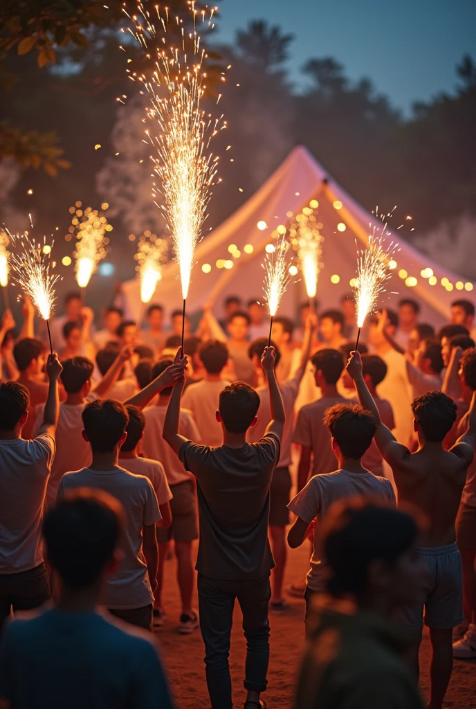 Male group in their late 20s　Japanese　Hand-held fireworks　　camp site　LGBT Tent　Sexy feeling　　About 20 boys　Everybody has fireworks