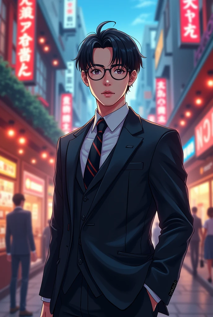 Black suit, glasses, Japanese businessman in his 20s, background is rich anime-like