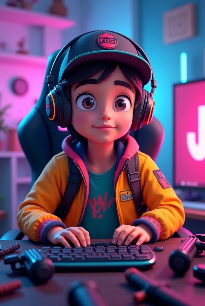 A youtube logo named "ARUNAKANTI GAMING" , a very smart young gamer age 25, with hat and nice game like cloths, some mix colored background, some kinds of weapon used in gameplay, half body , with gaming headphones, seated in a gaming chair, waring colord jacket , in front of gaming desktop, not a real face but animated