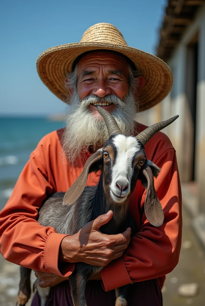Fotografia de un hombre Peruvian de aproximadamente 70 años,Peruvian,Fisherman,withbun straw hat,extending his left arm in which he holds a goat,He stands up and is happy.