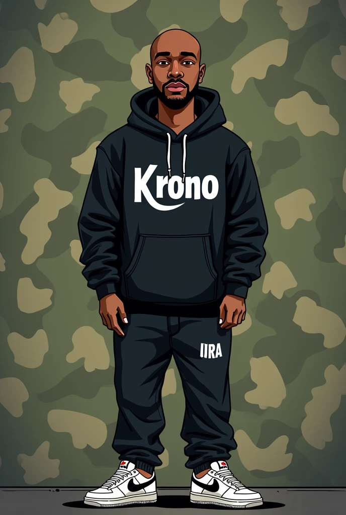 Dark skinned man 1.80 tall thin bald little beard with jockey New Era black sweatshirt white letters that say Krono camouflage pants Nike sneakers cartoon