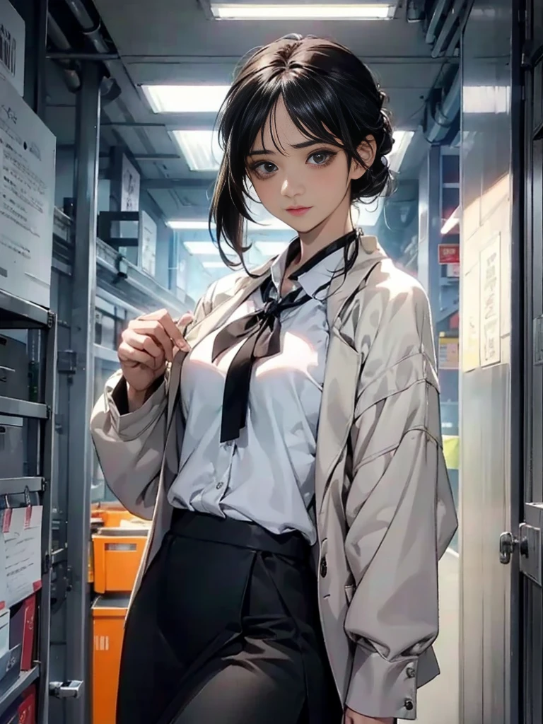 One adult woman with narrow eyes,career woman,Office Lady,Business suit,ブラウス,Jacket,ribbon,Tight skirt,pumps,lawyer,cool,gauze, Chanel,Forehead,Anatomically correct, accurate, masterpiece, Highest quality, Winner of numerous awards, Textured skin, retina, retina, Black Hair, Half-up hairstyle, solemn, Column Lineup,Cinematic light effects, Anime Style, Japanese illustration style, Half-up hairstyle, Very adult