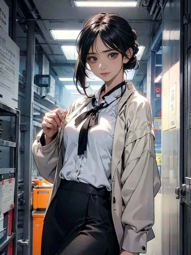 One adult woman with narrow eyes,career woman,Office Lady,Business suit,ブラウス,Jacket,ribbon,Tight skirt,pumps,lawyer,cool,gauze, Chanel,Forehead,Anatomically correct, accurate, masterpiece, Highest quality, Winner of numerous awards, Textured skin, retina, retina, Black Hair, Half-up hairstyle, solemn, Column Lineup,Cinematic light effects, Anime Style, Japanese illustration style, Half-up hairstyle, Very adult