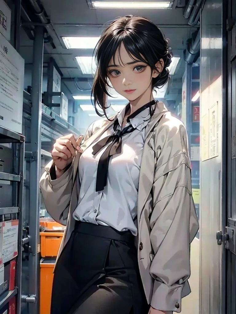 One adult woman with narrow eyes,career woman,Office Lady,Business suit,ブラウス,Jacket,ribbon,Tight skirt,pumps,lawyer,cool,gauze, Chanel,Forehead,Anatomically correct, accurate, masterpiece, Highest quality, Winner of numerous awards, Textured skin, retina, retina, Black Hair, Half-up hairstyle, solemn, Column Lineup,Cinematic light effects, Anime Style, Japanese illustration style, Half-up hairstyle, Very adult
