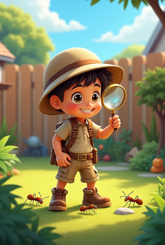 In the backyard, a boy searching ants with a magnifying glass,Explorer, happy, cartoon, high definition