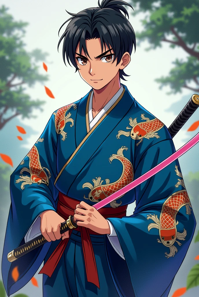 Young male character with black hair slicked back, dark brown eyes, wearing blue kimono with goldfish print, holding a katana with pink colored blade anime demon slayer style