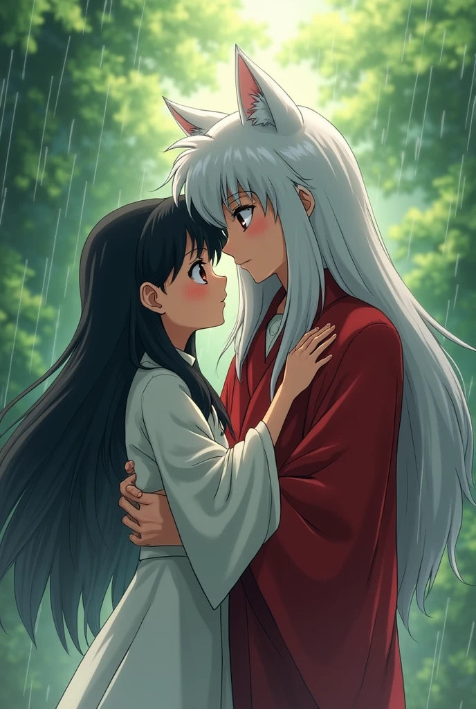 Kikyo a priestess girl with very long black hair and bangs similar to Hinata Hyuga and Inuyasha a boy with long white hair and cat ears, happily hugging in the rain