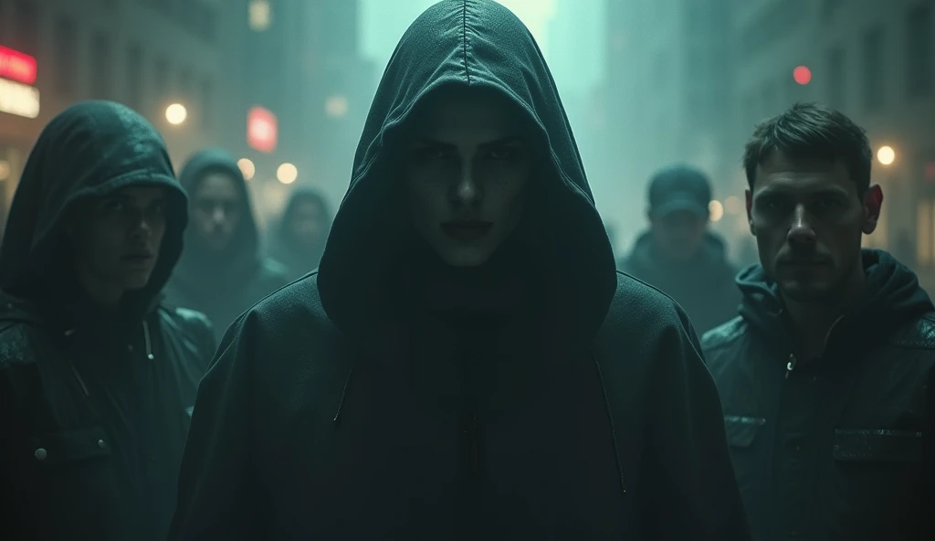 Scared green eyed werewolf woman, walks alone among people, wearing his black robe hiding from the rain and lightning.
