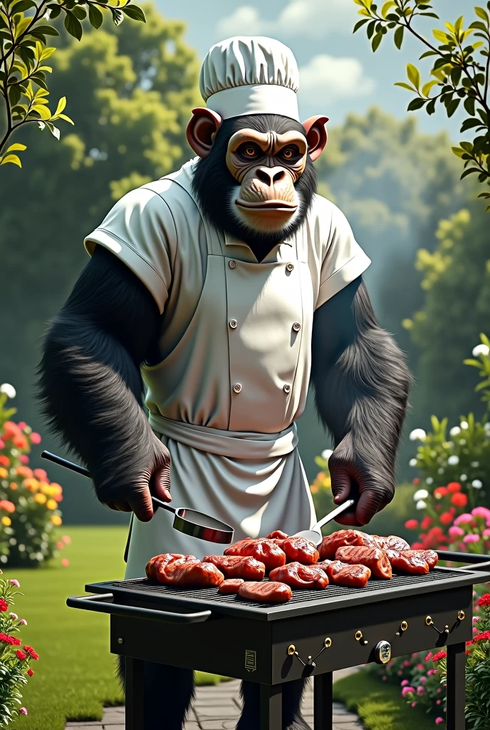 A very big, huge monkey dressed as a chef grilling meat in the garden. Realistic, real, high resolution detail, full photo like rea