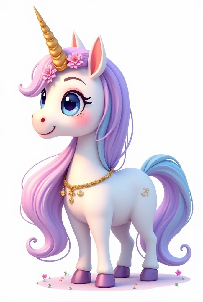a white unicorn standing looking sideways, cute disney pixar style, cute face, the unicorn is on its side and standing looking sideways forward , showing all unicorn, loose, voluminous, flowing curly hair in lilac colors, Pink, yellow, Unripe, cerulean, rot, Unripe, hair and mane with all the colors of the rainbow, with a strong lilac predominating, em volta do cabelo pequenas flores Pinks forte com folhas Unripes e também estrelas, Dedicated gold cord with delicate LE-shaped pendant around the neck, olhos Unripes e o unicornio cintila com alguns brilhos, Feema unicorn white background, flowing hair, very voluminous, gold tiara on delicate head white background and unicorn stands out from the background, the unicorn has sparkling sparkles in its hair, the unicorn's face is fuller, little god, strong lilac hair with blue bangs, Pink, Yellow, Unripe o fundo opaco png