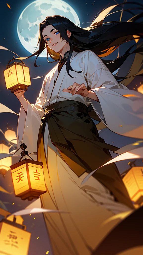 1 tall young man, long black hair, bangs, golden guan, China, blue eyes, gentle gaze, white skin, high forehead, straight nose, plump lips, smile, long hair, floating in the air, silver hanfu, holding a lantern, Chinese lantern, night, moon, blue lights, blue A lantern, a demonic lantern