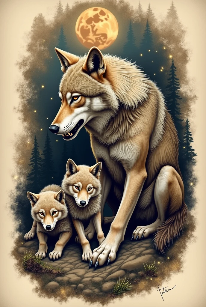 a tattoo of a she-wolf protecting her two cubs