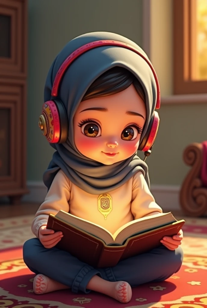 A teenage hijabi girl studying while listening to music in a cozy room
