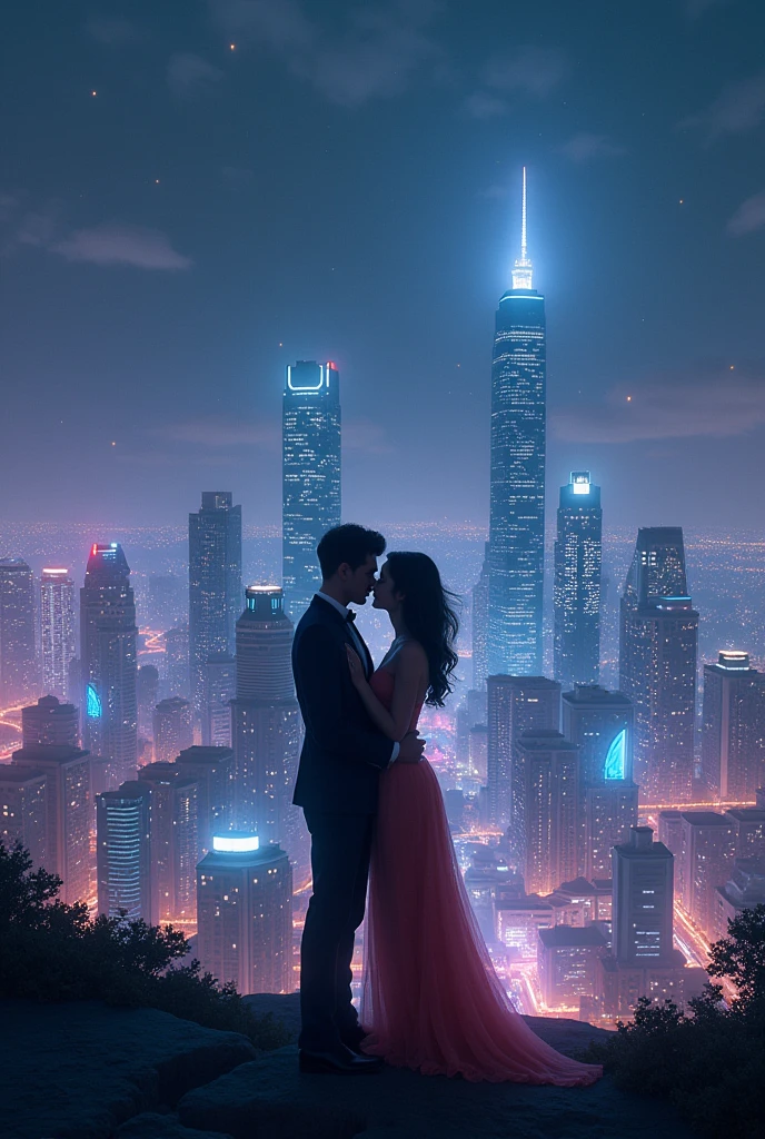 Beutiful city, like a cyber city, stars in sky ,girls standing , two couples kissing together 