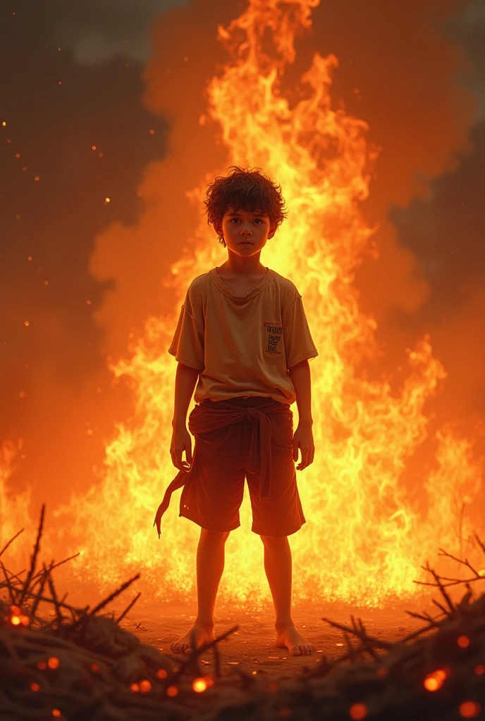 Boy stand in fire