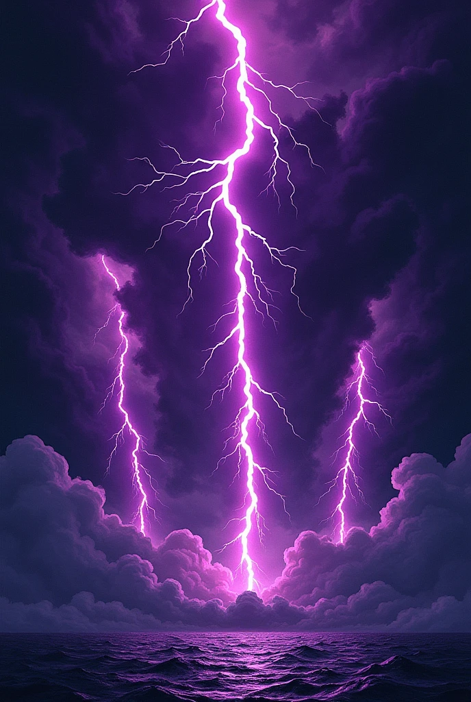 Image of gray clouds and 3 thick purple thunders on black background in comic style