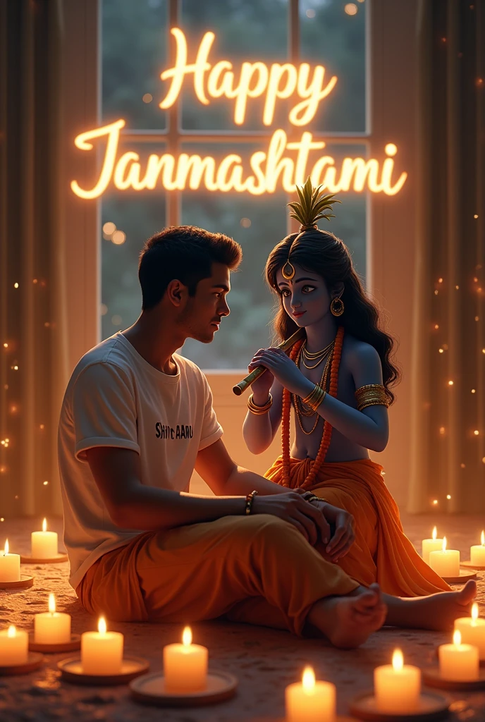 Design an image of a stylish 21years old boy named ‘Shivam Rathour’ sitting with Lord Krishna in a softly lit room, filled with candles. Rajan is barefoot, wearing a modern t-shirt with his name ‘Shivam Rathour’ written on it. Lord Krishna is holding his flute, and in the background, the words ‘Happy Janmashtami’ glow warmly, creating a peaceful and divine ambiance.”