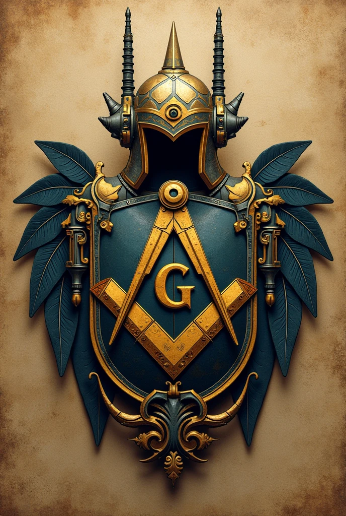 Create a coat of arms with the symbol of Freemasonry and the helmet of Antennas. Ancient coat of arms