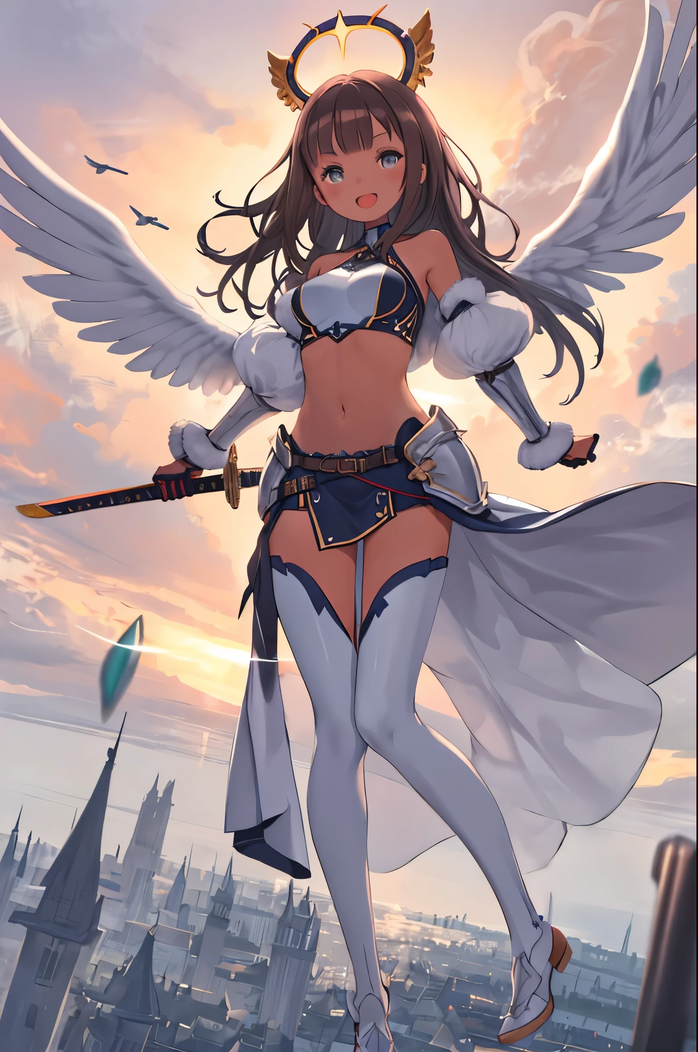 fantasy, 1angel_girl, low_, dark_brown_hair,long_bangs, (dark_skin)+, bare_shoulder, navel out, thighhighs,silver_shiny_armor, white_clothes,waist_armor, Glebe, hold_swords_emits_light, medium_breasts, dynamic_flying_pose,Floating, (1pair_white_wings:1.2),(pelvic_curtain:1.3), silver_Headgear ,looking_down_at_sunset_city_sky_background,,slightly_spread_legs, some_swords_emits_light,some_swords_emits_light_floating_around_the_girl,solo,glare_halo,laugh ,smile,open_mouth,open_legs,open_arms,rise_knee,rise_leg,rise_thigh,rise_leg,forward_leaning_posture,apart_legs,