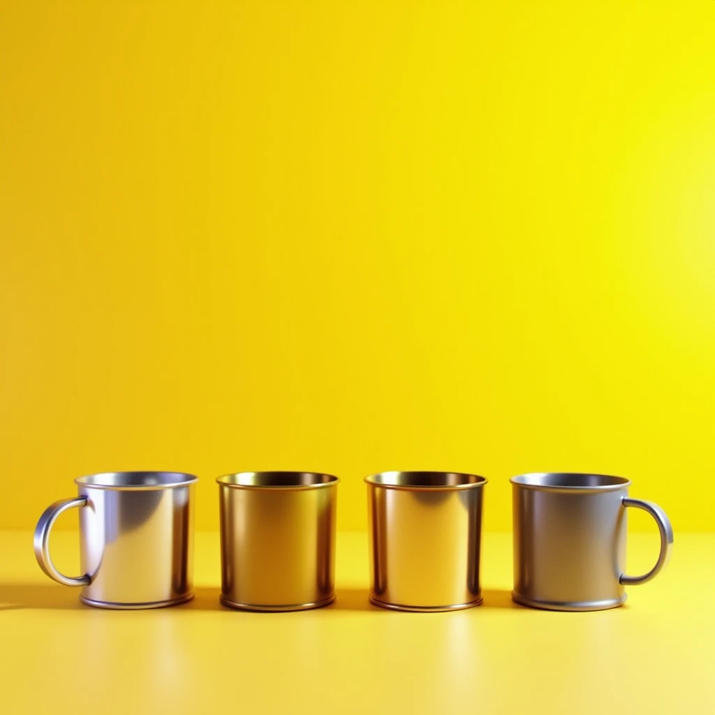 "Four cups of tea are placed facing each other like multiple-choice options. One cup is made of silver, the second is made of brass, the third is made of steel, and the fourth is made of aluminum. The background is yellow."