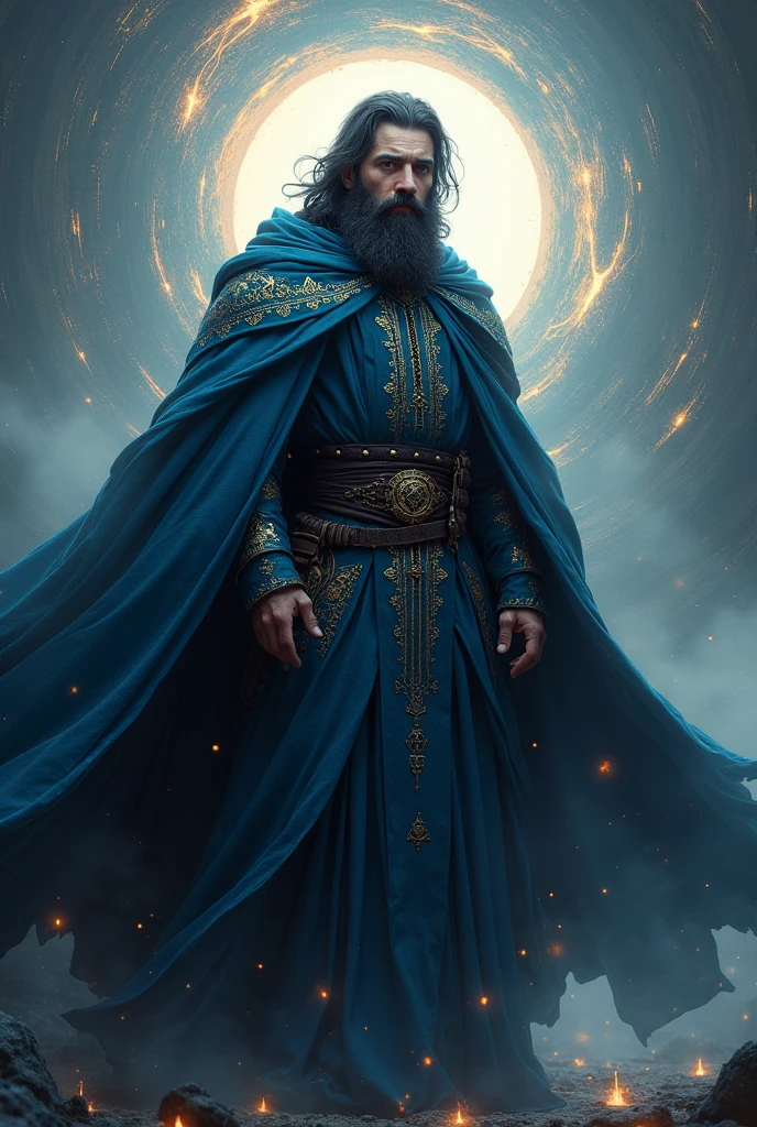 Create a young medieval wizard with a black beard and wearing a dark blue wizard outfit